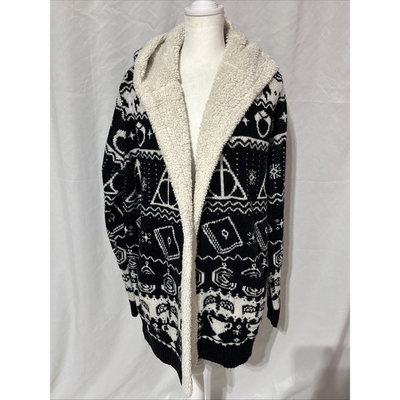 Harry Potter Cardigan Sweater Size L Black Horcrux Fair Isle Sherpa Hooded - Picture 1 of 11